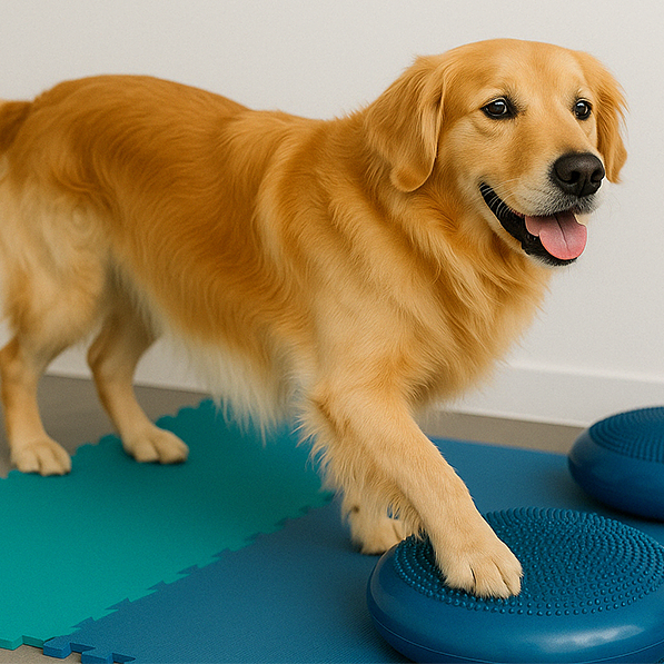 AI image of golden retriever placing paw on blue pad